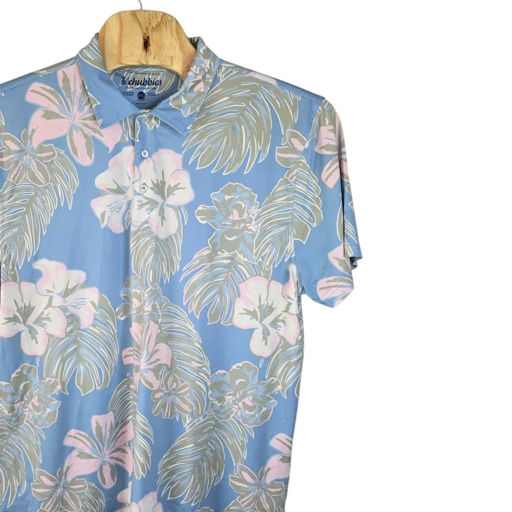 Chubbies Mens XXL Performance Polo Shirt Blue Tropical Floral Hibiscus Stretch